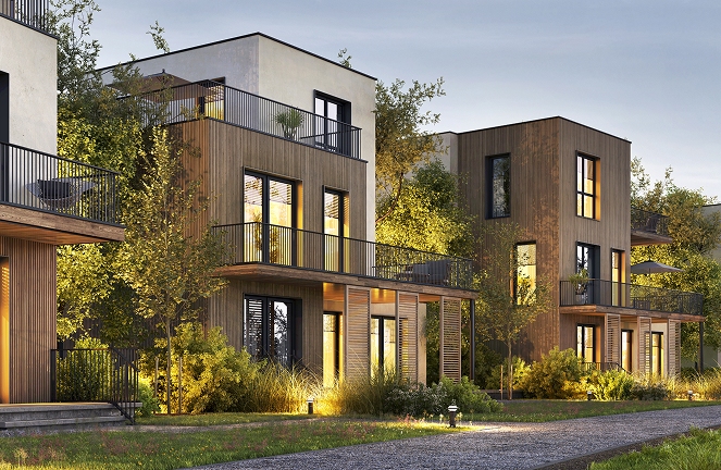Maisons contemporaines en bois avec jardins paysagers au crépuscule