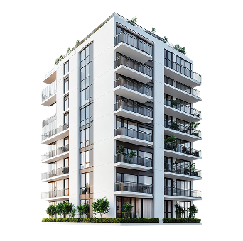 Immeuble résidentiel moderne blanc avec balcons et verdure