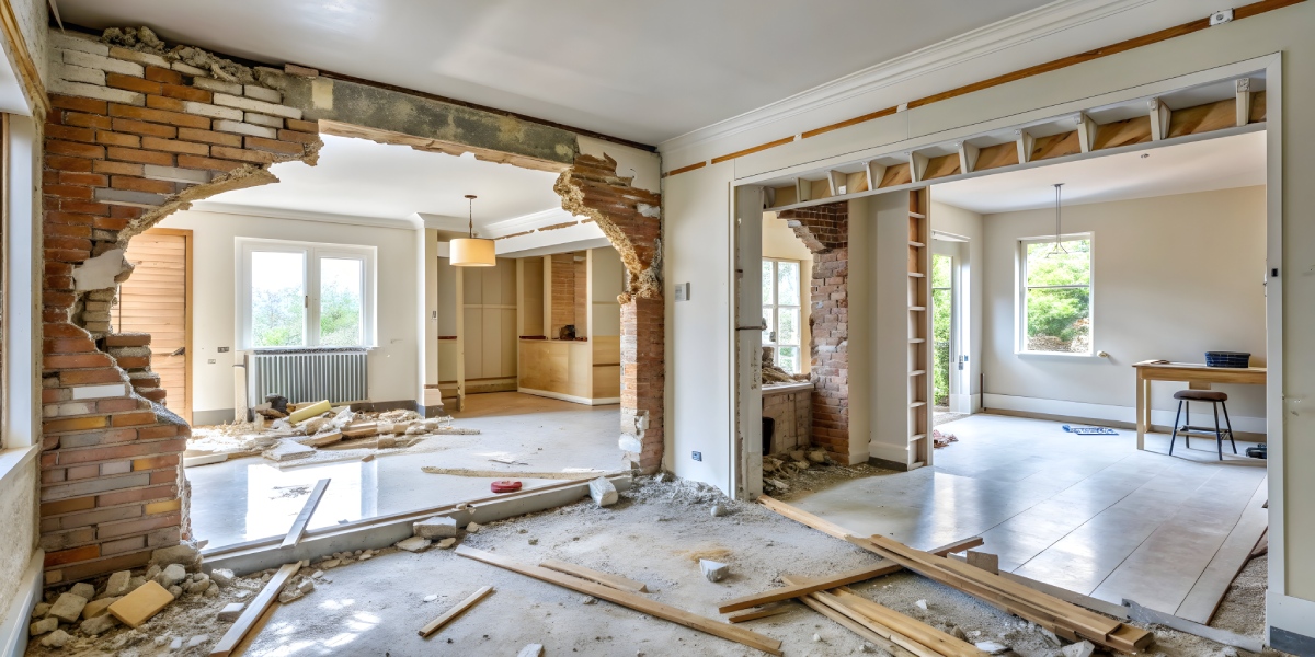 Intérieur de maison en travaux avec murs ouverts et débris