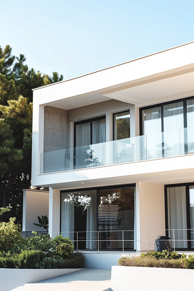 Villa moderne blanche à baies vitrées, bien soumis à la loi Carrez