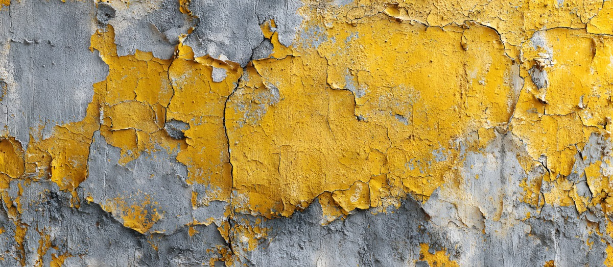 Peinture jaune écaillée sur mur ancien, signe possible de plomb